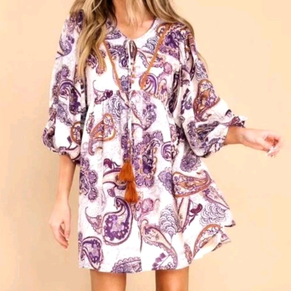 Band Of The Free Boho Purple Paisley Mini Dress with Tassel Tie Size Small NWT
